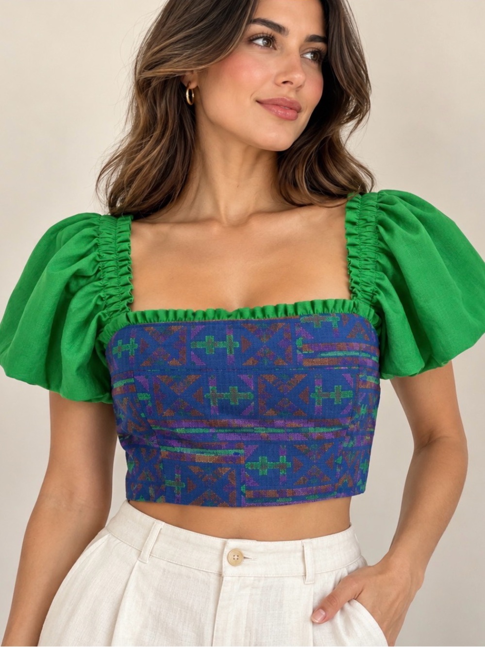 Rachel Zoe NWT Size L Linen Blend Puff Sleeve Crop Top Green Blue Boho
